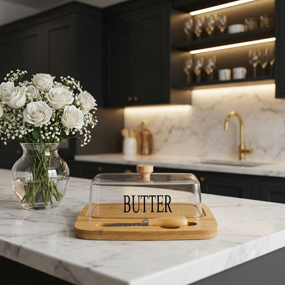 Rectangular Glass Butter Dish with Bamboo Tray & Spreader Knife