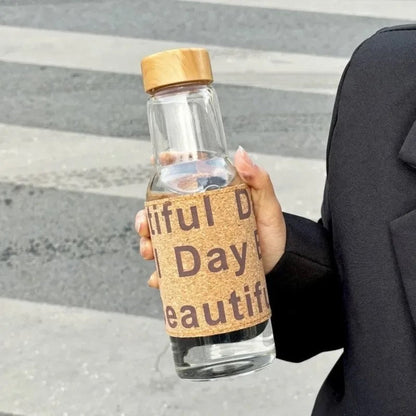 Clear Glass Water Bottle with Cork Sleeve & Wooden Lid