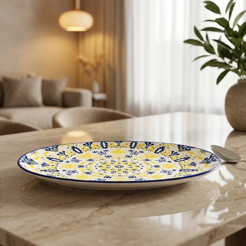 Printed Ceramic Oval Serving Tray – Blue & Yellow Mandala Platter