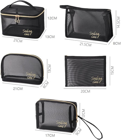 5 Pcs Transparent Cosmetic Bag Set – Black Mesh Makeup Pouch