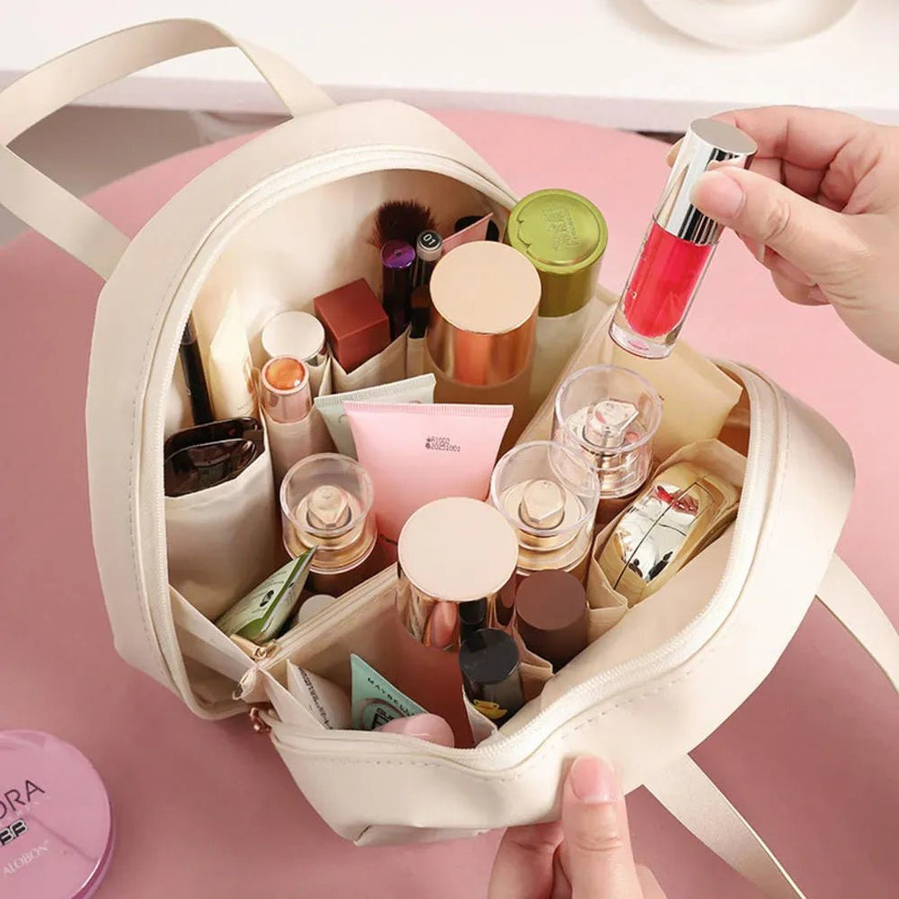 Portable Round Cosmetic Handbag - Travel Makeup Bag