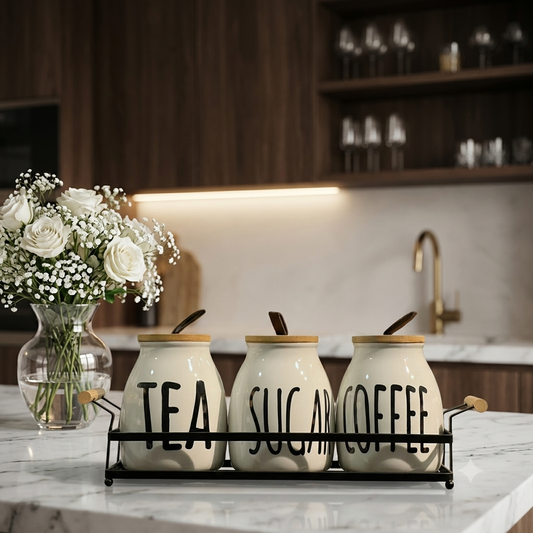 3 Ceramic Tea Coffee Sugar Jar Set with Metal Stand