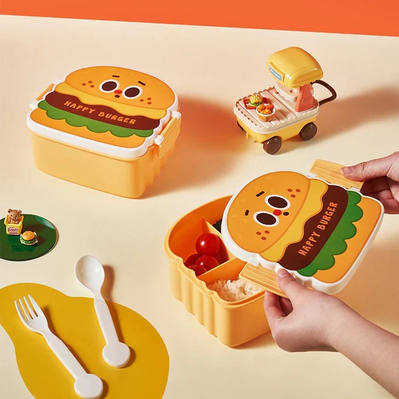Cute Burger Shape Kids Lunch Box with Spoon & Fork