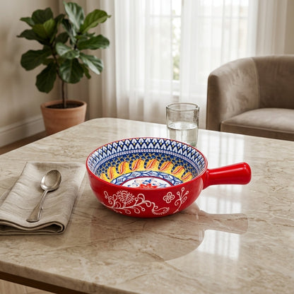 Ceramic Soup Bowl with Handle - Hand Painted Floral Design