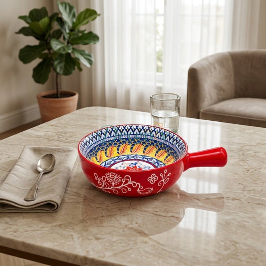 Ceramic Soup Bowl with Handle - Hand Painted Floral Design