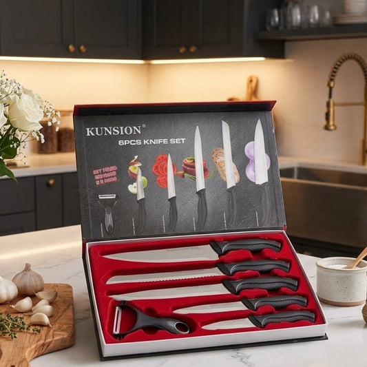KUNSION 6-Piece Stainless Steel Knife Set with Black Handles