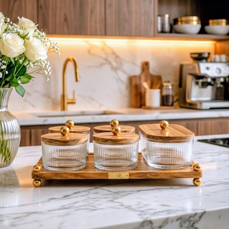 Luxury Fluted Glass Spice & Condiment Jar Set with Wooden Tray