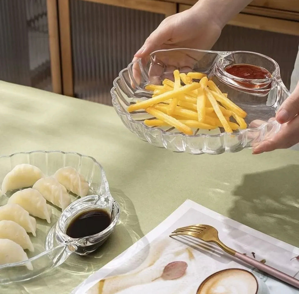 2 Pcs Clear Glass Shell Serving Plates with Built-in Sauce Bowls