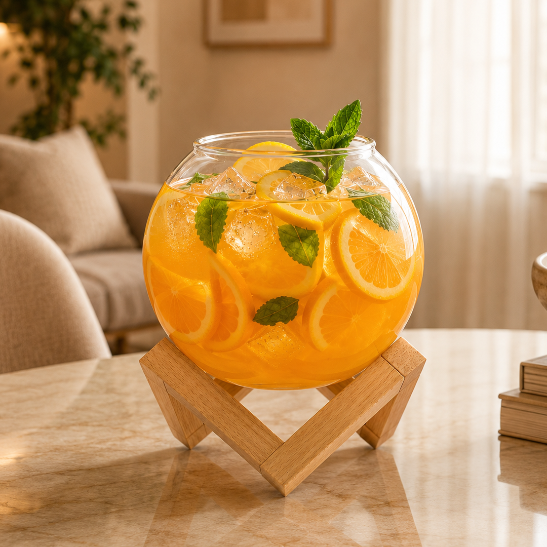 Round Glass Drink Dispenser with Wooden Stand 600 ml