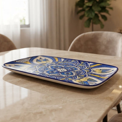 Blue Ceramic Rectangular Serving Platter - Multan Design