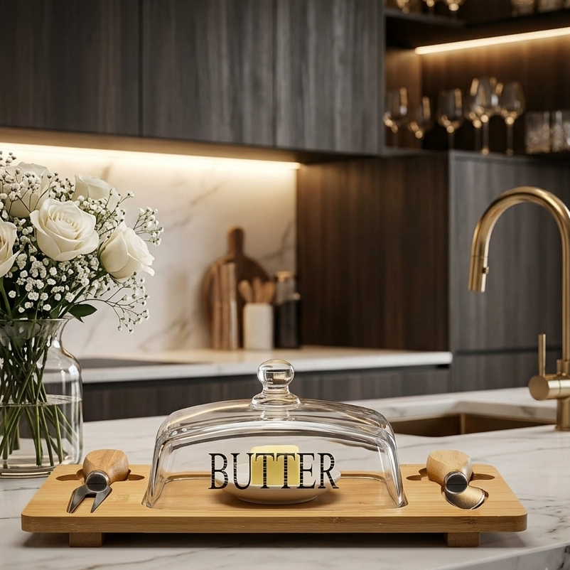 Luxury Glass Butter Dish with Wooden Tray & Knives Set