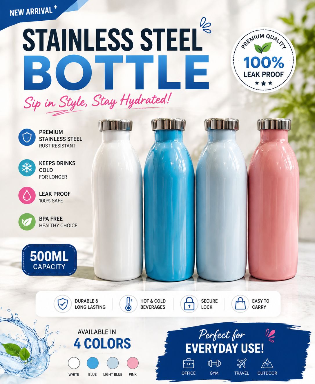 500ml Insulated Stainless Steel Water Bottle - Leakproof & BPA Free