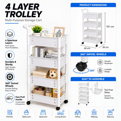 3 , 4 Tier Rolling Storage Cart with Wheels & Handle White