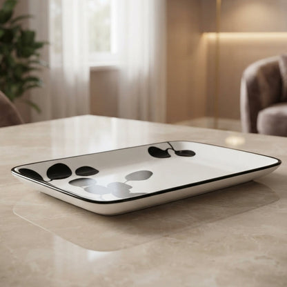 Black & White Leaf Print Ceramic Rectangular Serving Tray