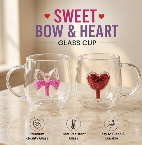 Sweet Bow & Heart Glass Cup – Cute Aesthetic Mug