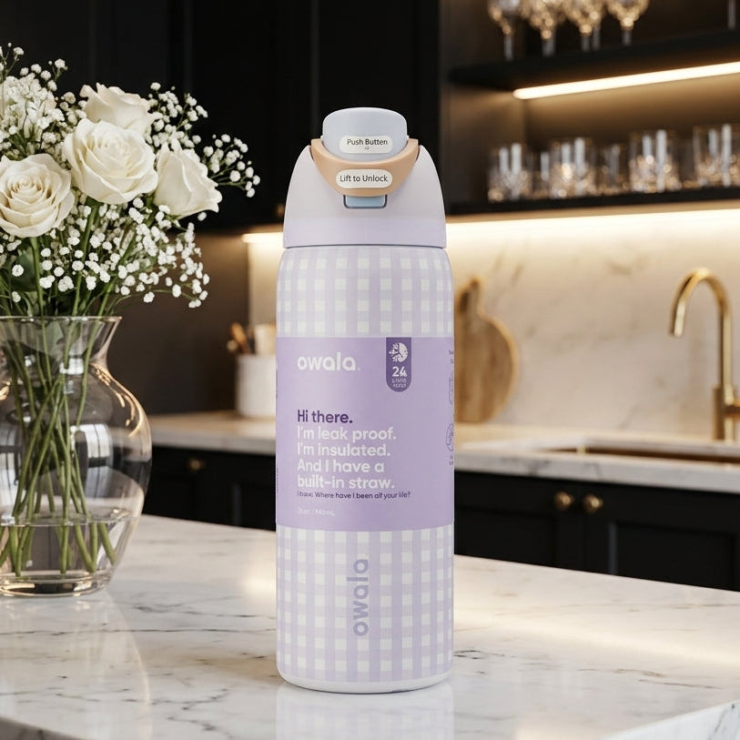 Owala FreeSip 32 Oz Water Bottle - Purple Gingham Lines