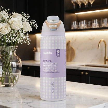 Owala FreeSip 32 Oz Water Bottle - Purple Gingham Lines