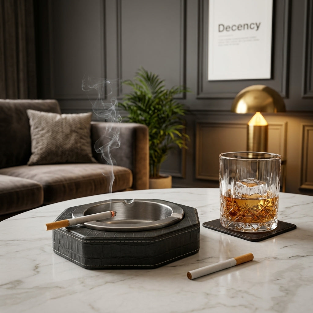 Luxury Leather & Stainless Steel Cigar Ashtray for Home and Office