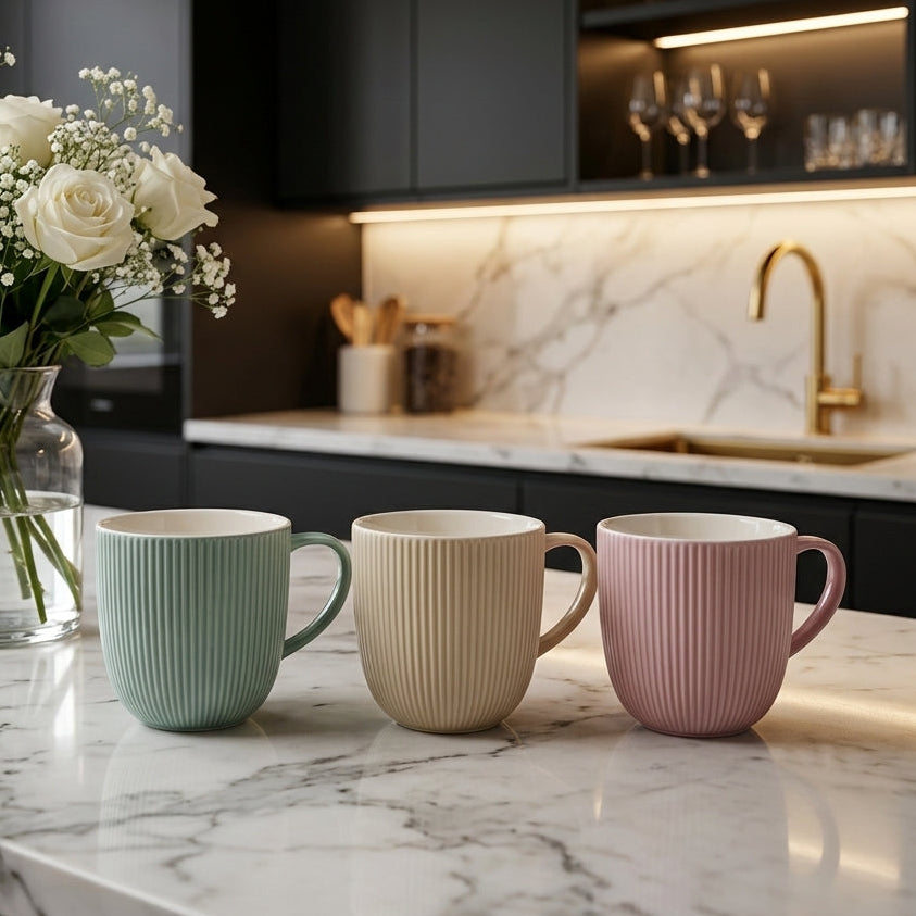 Ribbed Ceramic Tea & Coffee Mug Set - Pastel Green, Beige & Pink