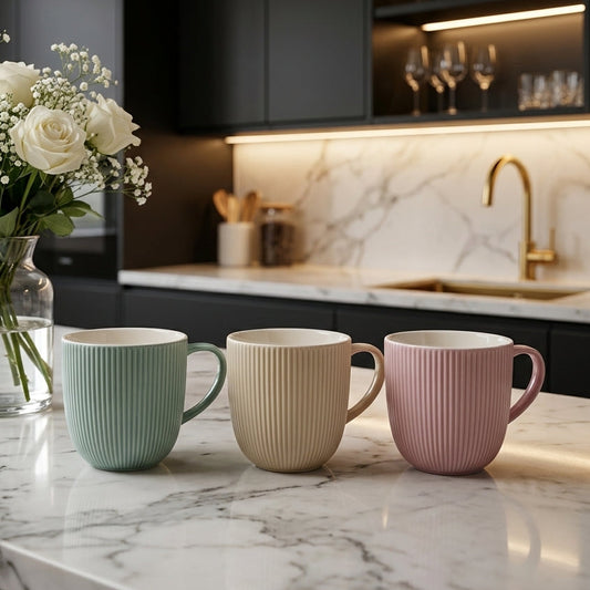 Ribbed Ceramic Tea & Coffee Mug Set - Pastel Green, Beige & Pink