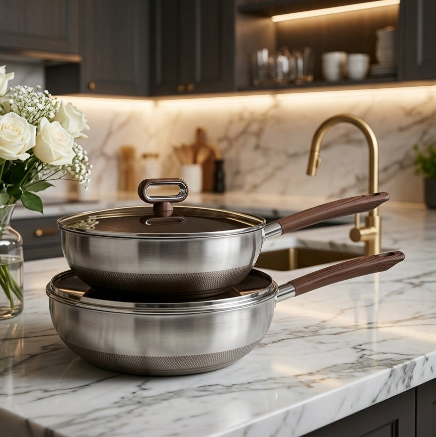 Non-Stick Stainless Steel Wok & Pan Set with Glass Lid