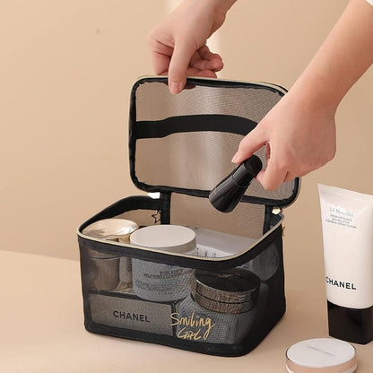 5 Pcs Transparent Cosmetic Bag Set – Black Mesh Makeup Pouch