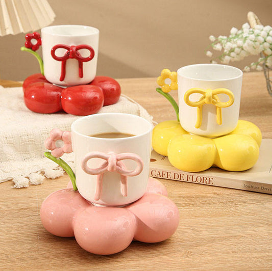 Cute Flower Saucer Ceramic Coffee Mug with Bow & Floral Handle (1 Pc)