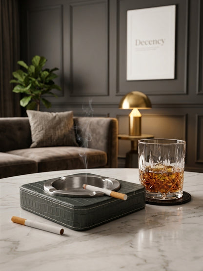 Luxury Leather & Stainless Steel Cigar Ashtray for Home and Office