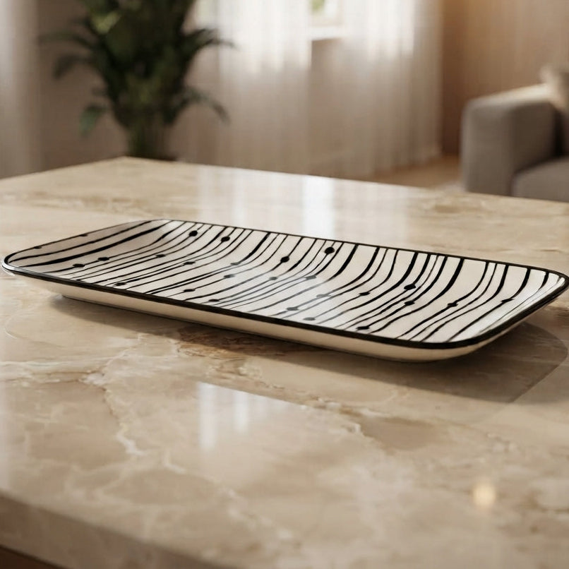Black and White Striped Ceramic Serving Tray