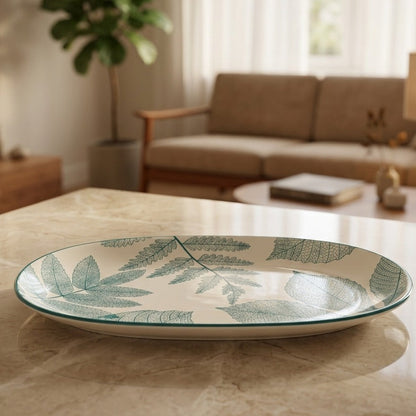 Ceramic Oval Leaf Serving Platter - Green Botanical Design