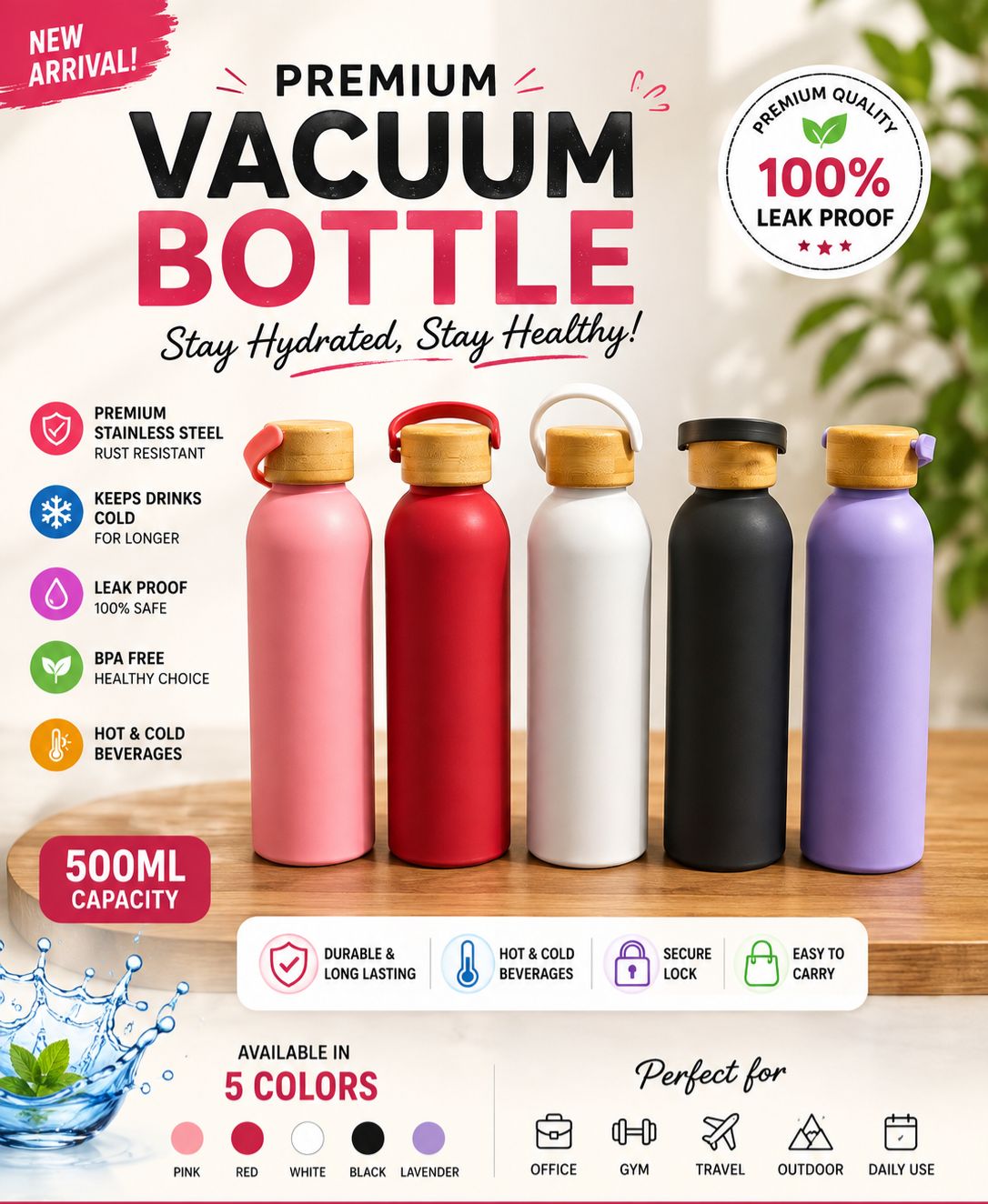 Color Coated Steel Thermos Bottle with Bamboo Lid | Insulated Flask