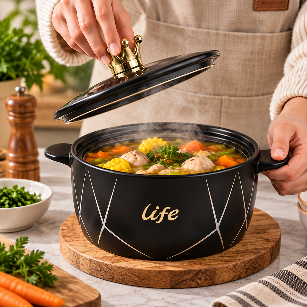 Luxury Black Ceramic Soup Pot with Crown Lid Knob – 1.8L