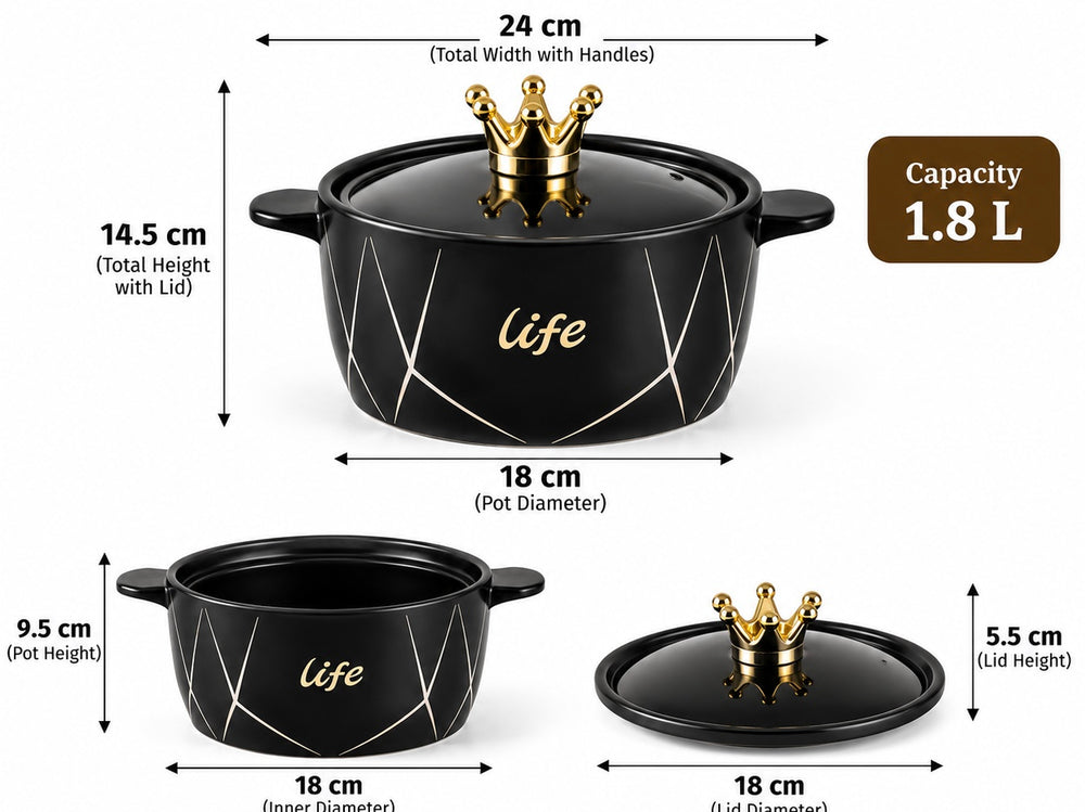 Luxury Black Ceramic Soup Pot with Crown Lid Knob – 1.8L