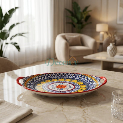HandPainted Ceramic Oval Serving Platter Tray with Handles