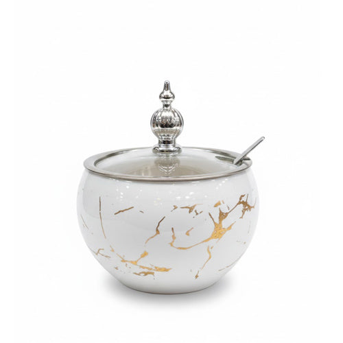 Luxury Marble Finish Sugar Pot with Lid & Spoon