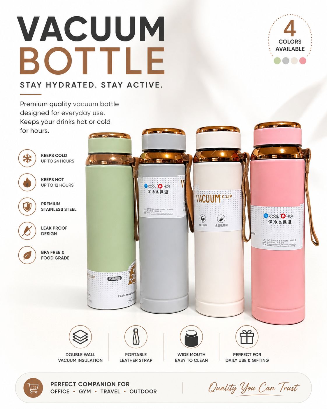 Stainless Steel Vacuum Thermos Water Bottle with Gold Lid (1000ml)