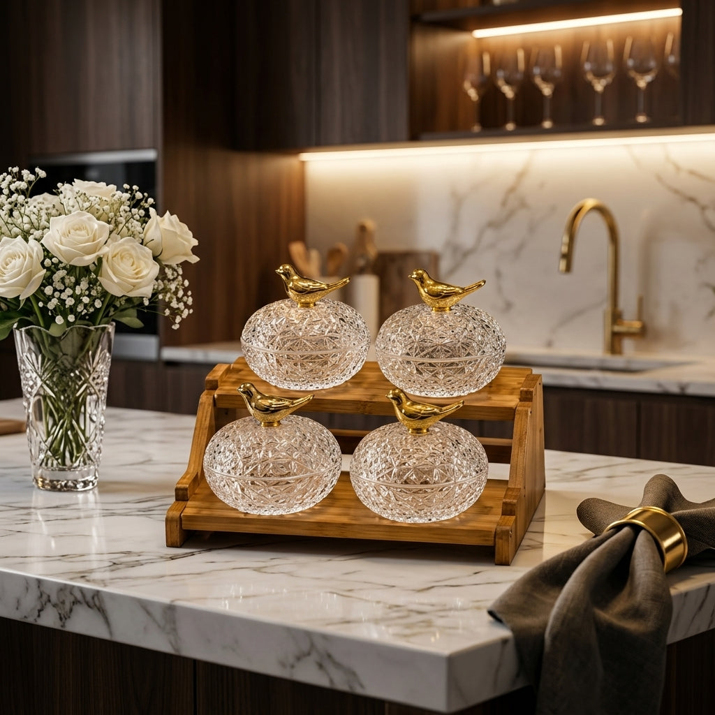 Luxury 4-Piece Crystal Glass Dry Fruit Jar Set with Wooden Stand