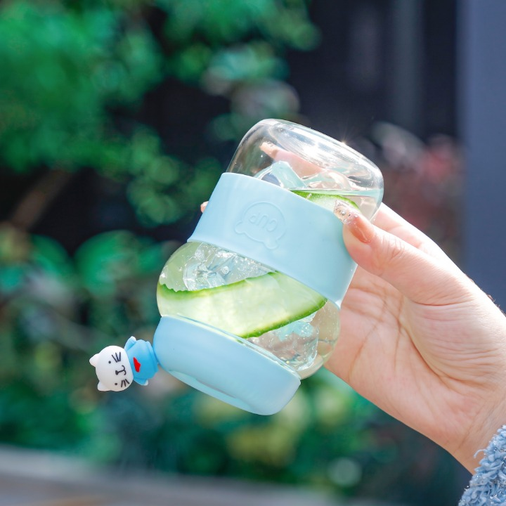 Cute 3D Bear Glass Water Bottle 400ml with Straw & Sleeve