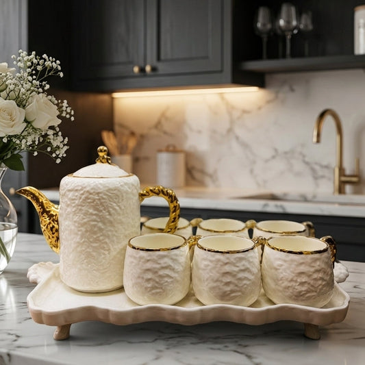 Luxury 8 Pcs White Ceramic Tea Set with Gold Handles & Serving Tray
