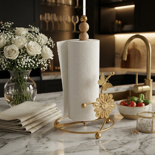 Luxury Gold Kitchen Tissue Paper Holder Stand with Butterfly Accent