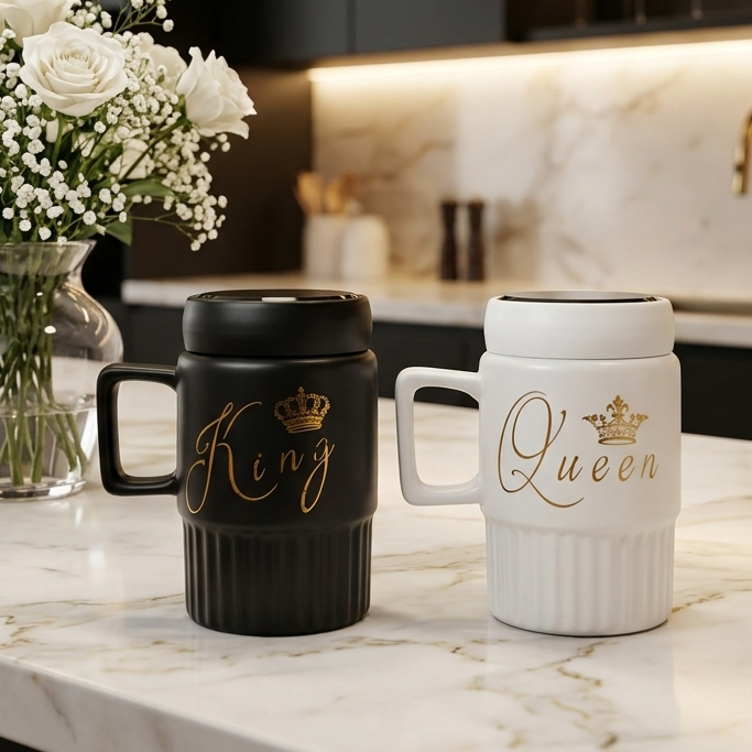 King and Queen Couple Ceramic Coffee Mugs with Lids Set