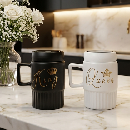 King and Queen Couple Ceramic Coffee Mugs with Lids Set