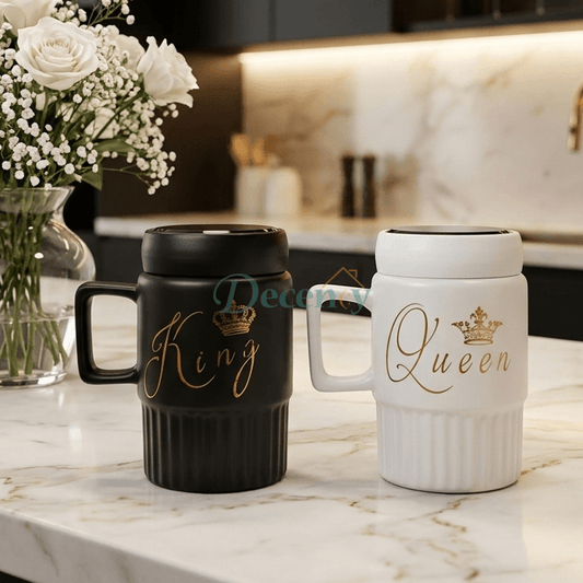 King and Queen Couple Ceramic Coffee Mugs with Lids Set