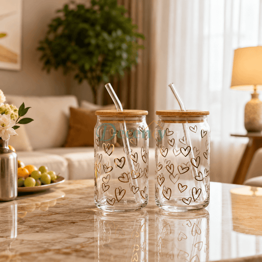Danny Home 2 Pcs Heart Print Glass Can Tumbler Set with Bamboo Lid