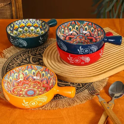 Ceramic Baking Bowl with Handle - Bohemian Hand-Painted Soup Bowl