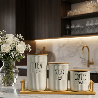 3- Piece Ceramic Tea Coffee Sugar Jar Set with Wooden Wooden Tray