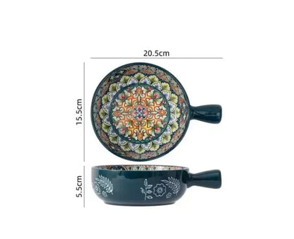 Ceramic Baking Bowl with Handle - Bohemian Hand-Painted Soup Bowl