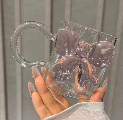 Pink Bow Clear Glass Mug - Cute Aesthetic Coffee Cup