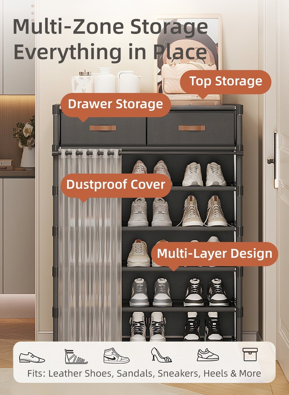 Multi-Layer Shoe Rack Stand Cabinet with Drawers & Dustproof Cover