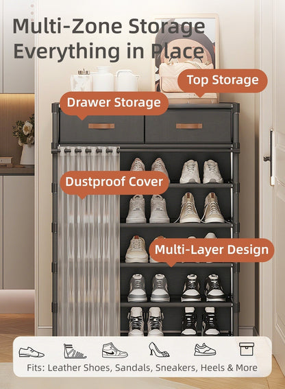 Multi-Layer Shoe Rack Stand Cabinet with Drawers & Dustproof Cover